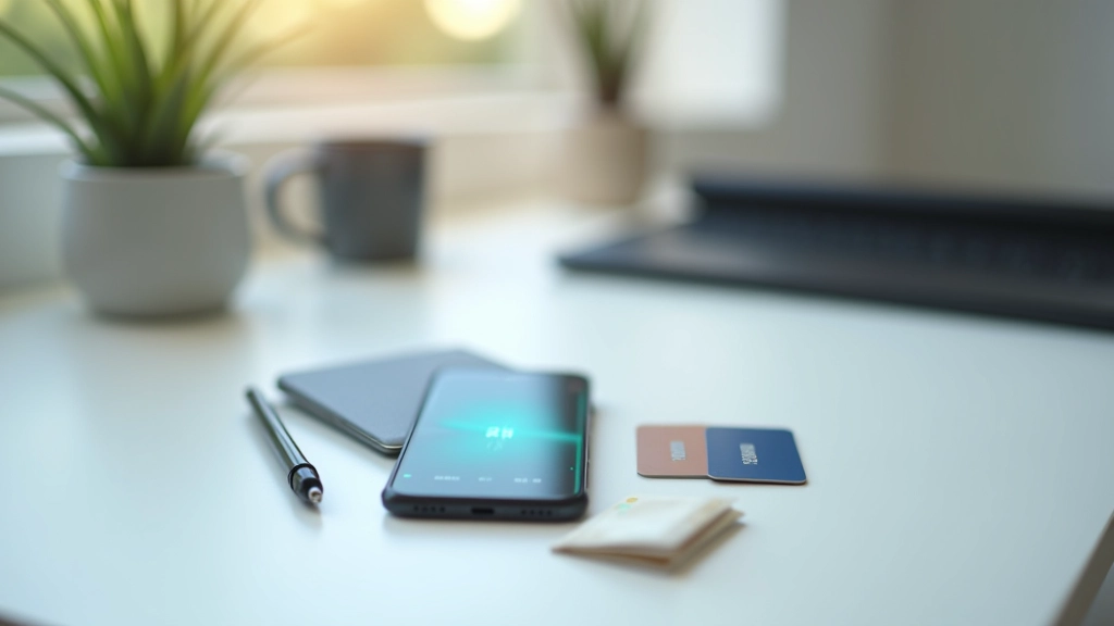Verschiedene digitale Zahlungsmethoden und Smartphone mit Banking-App auf modernem Schreibtisch